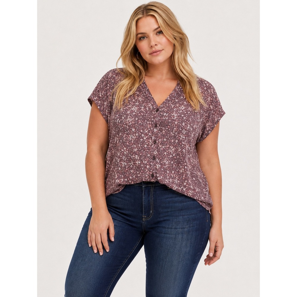 Torrid Lindsay Button-Front Dolman Top Size 1 1X Ditsy Floral Purple Semi Sheer